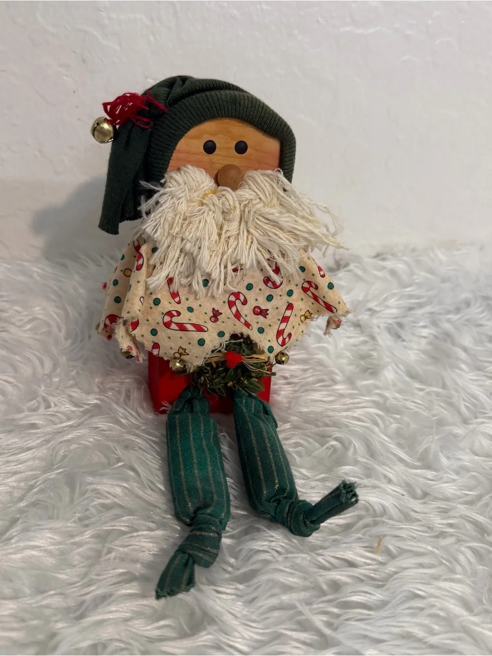 Rustic Christmas Santa Decoration Wood Block Base red & green